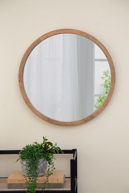 Circle Wall Mirror With Wooden Frame, Wall Mirror For Living Room