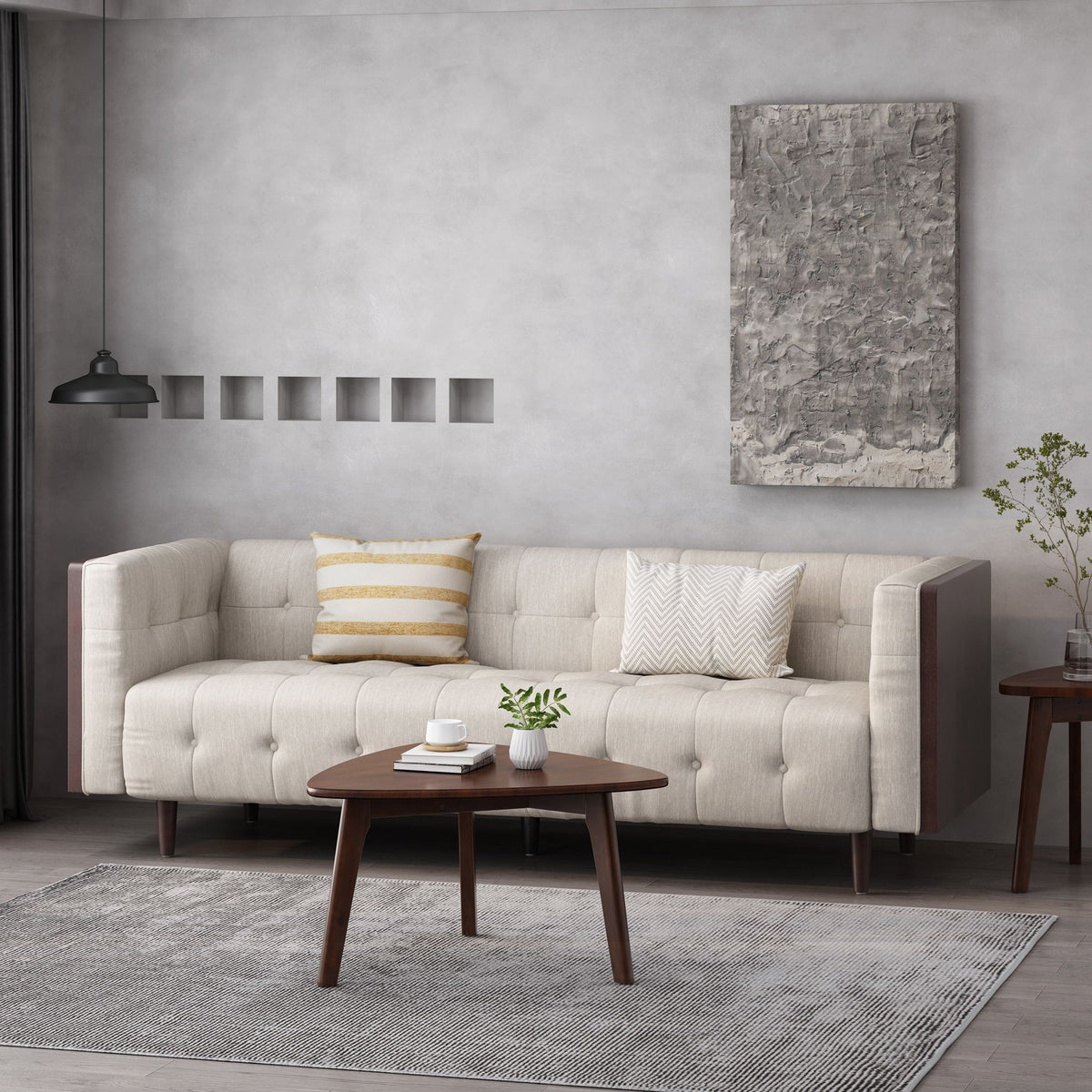Contemporary Mid-Century Charm 3 Seater Sofa With Button Tufted Waffle Stitching