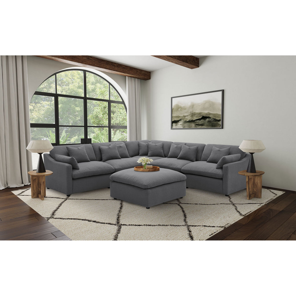 6 Piece Upholstered Modular Sectional Sofa With Reversible Cushions And Ottoman - Charcoal