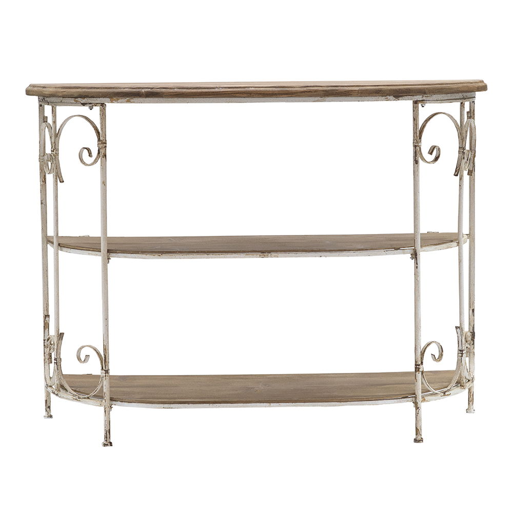 3 Tiered Wooden Shelving Unit With Ornate Iron Frame - Multicolor