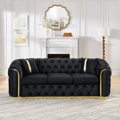 Button Tufted Couch With 2 Pillows, 3 Seater Luxury Chesterfield Sofa