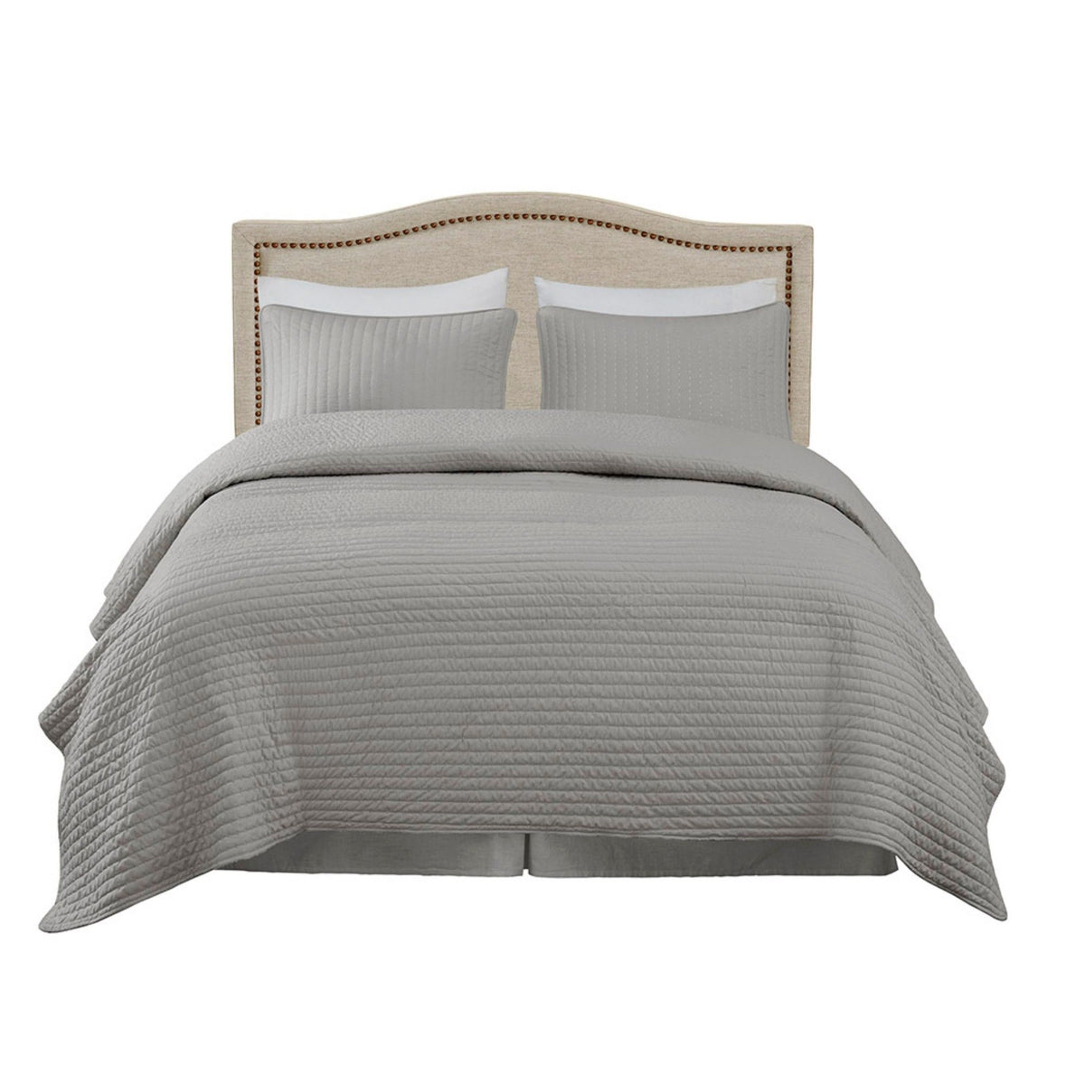 Elegant Panel Headboard With Copper Nailheads And Adjustable Metal Legs