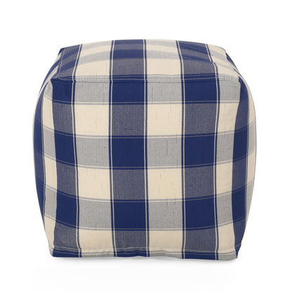 Connor - Checkered Square Pouf Ottoman And Floor Cushion - Ivory / Navy
