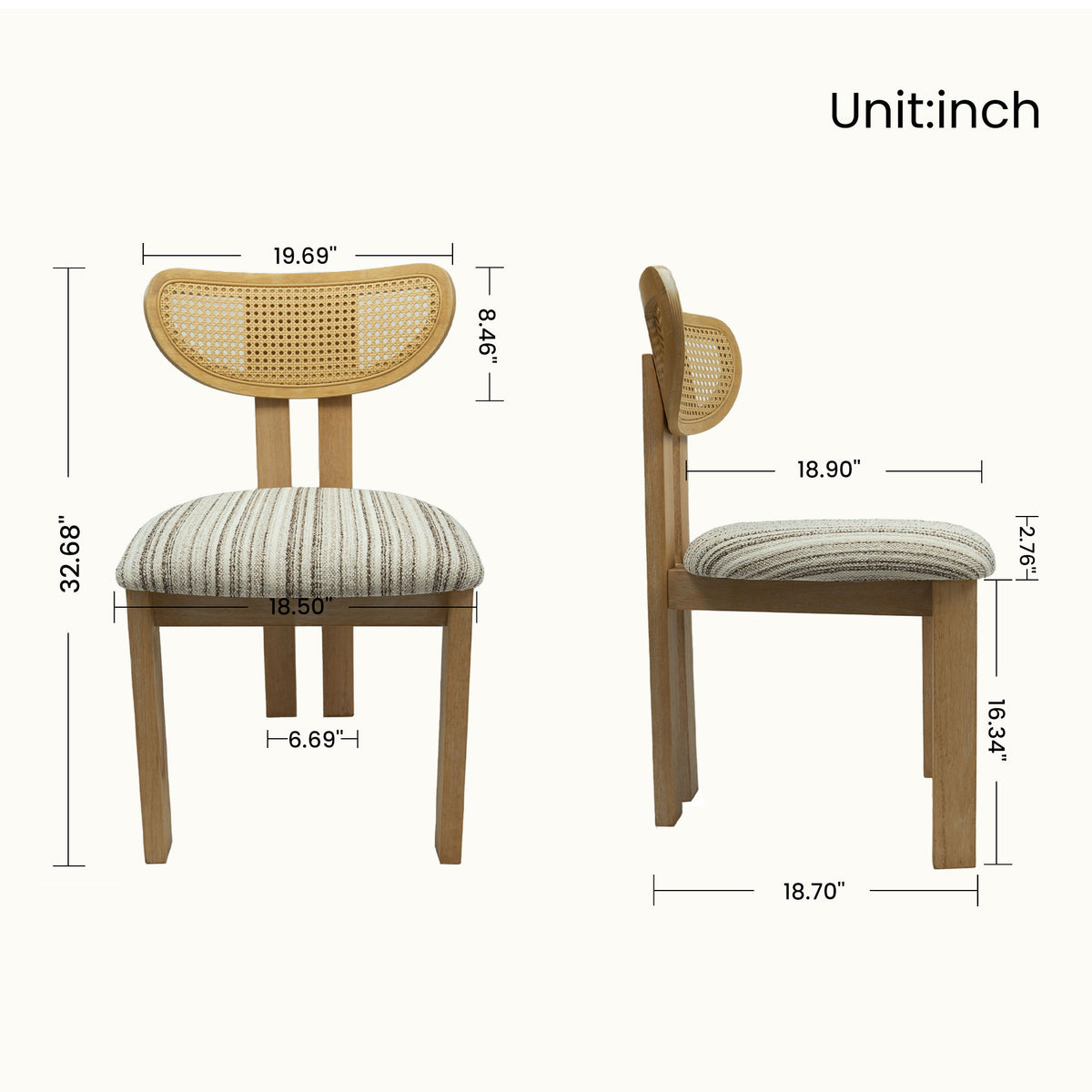 Striped Upholstered Rattan Back Dining Chairs (Set of 2)