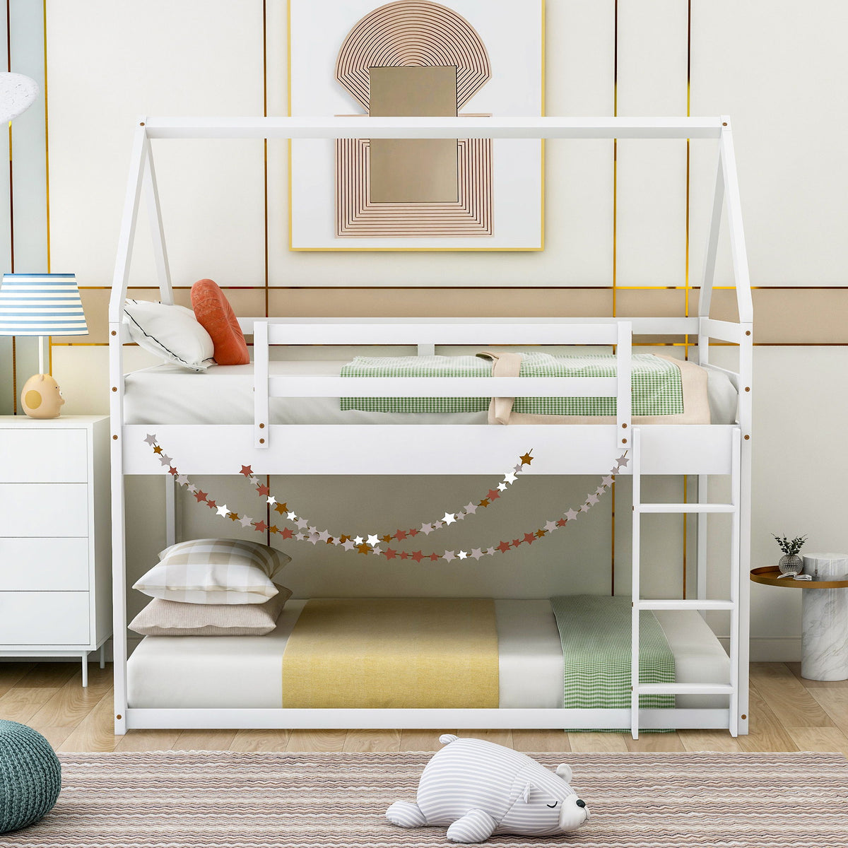 Low Bunk Bed With House Shaped Frame And Ladder