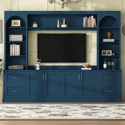 Arched Entertainment Center Wall Unit With Drawers With Adjustable Shelves For Living Room - Blue