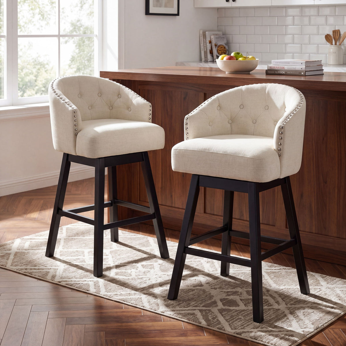 360 Degree Swivel Bar Stool & Stunning Nailhead Trim (Set of 2) - Beige