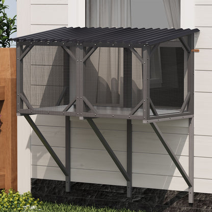 Premium Cat Window Box With Bug Proof Net For Large Indoor Cats Spruce Wood & Polyester - Antique Gray