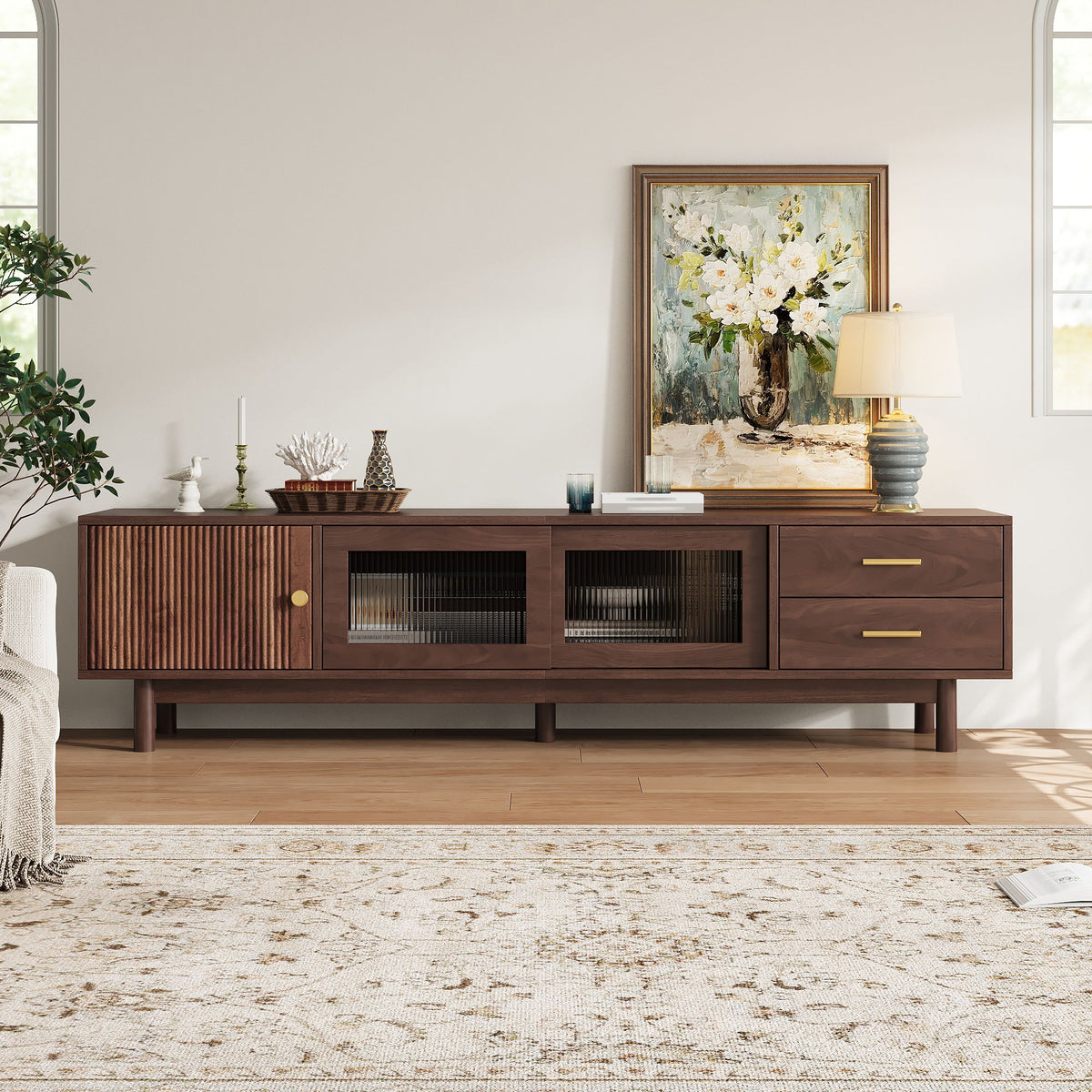 TV Stand With Sliding Doors And 2 Drawers For Living Room - Dark Brown