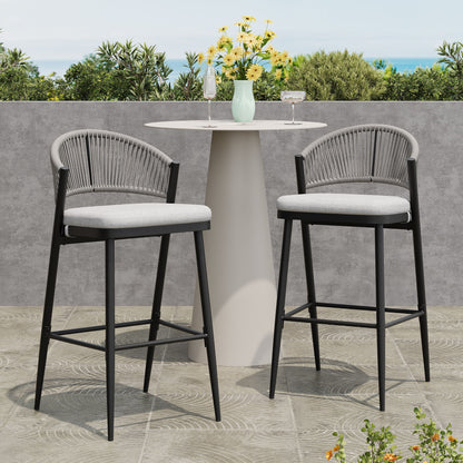 Outdoor Bar Height Metal Frame Counter Stools With Scallop Shaped Backrest & Water Resistant Cushions