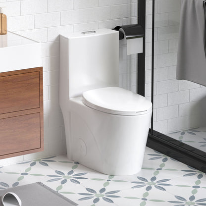 Glossy Tornado Flush 1 Piece Toilet With Dual Flush, Soft Close Seat - Gloss White