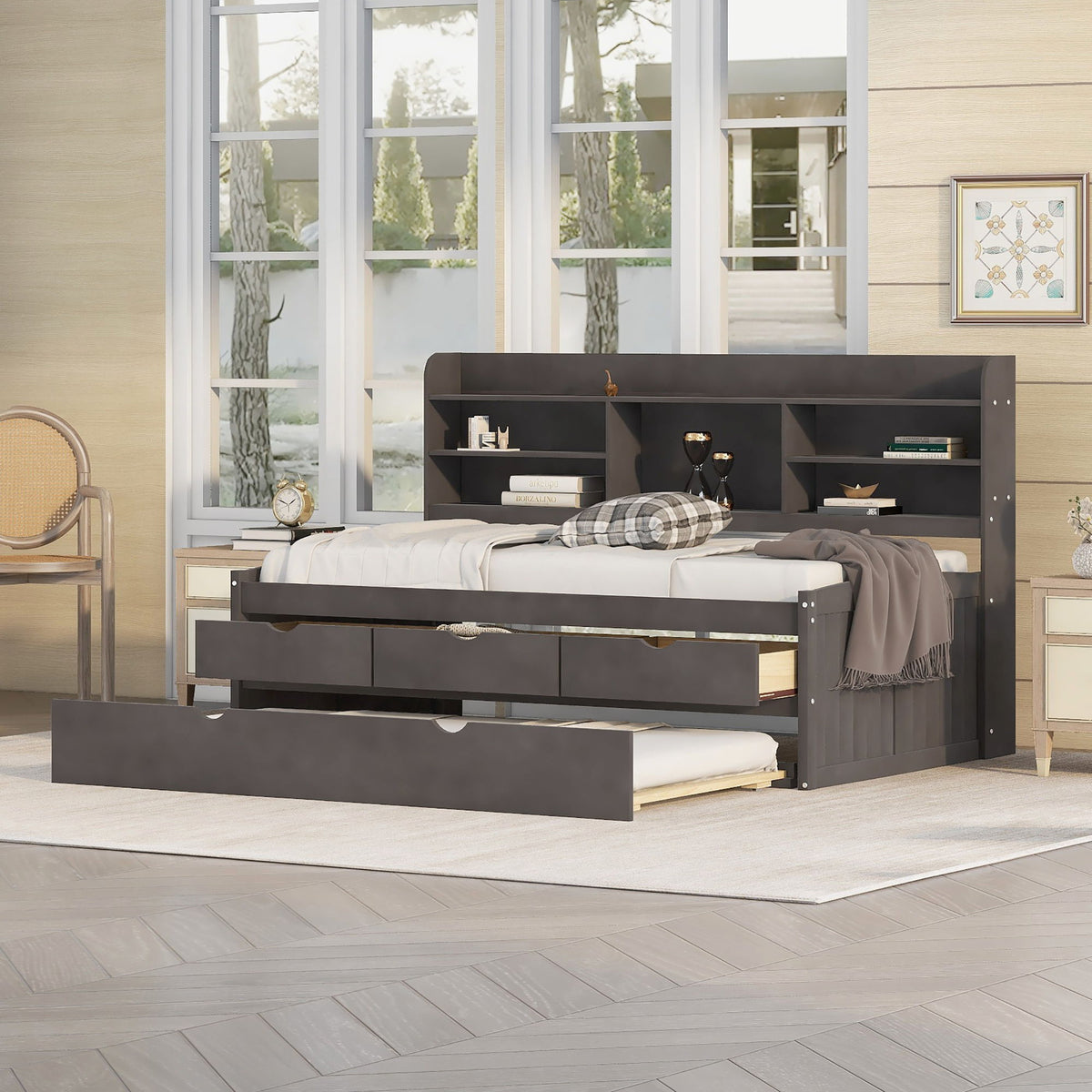 Captain Bed With Built In Bookshelves, 3 Storage Drawers, And Trundle