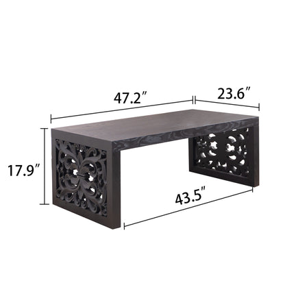 Rustic Carved Wood Coffee Table, Handcrafted Look With Ornate Side Panels