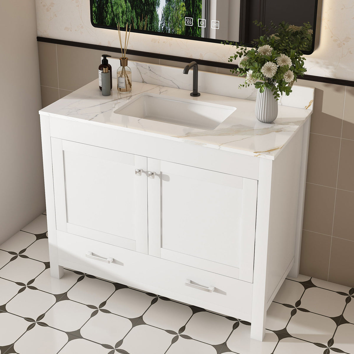 43" Bathroom Vanity, Multi Functional Cabinet, Doors And Drawer - White