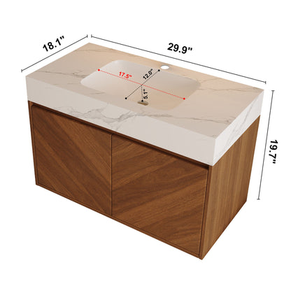 Wall Mounted Bathroom Vanity With Sink, Soft Close - Walnut / White