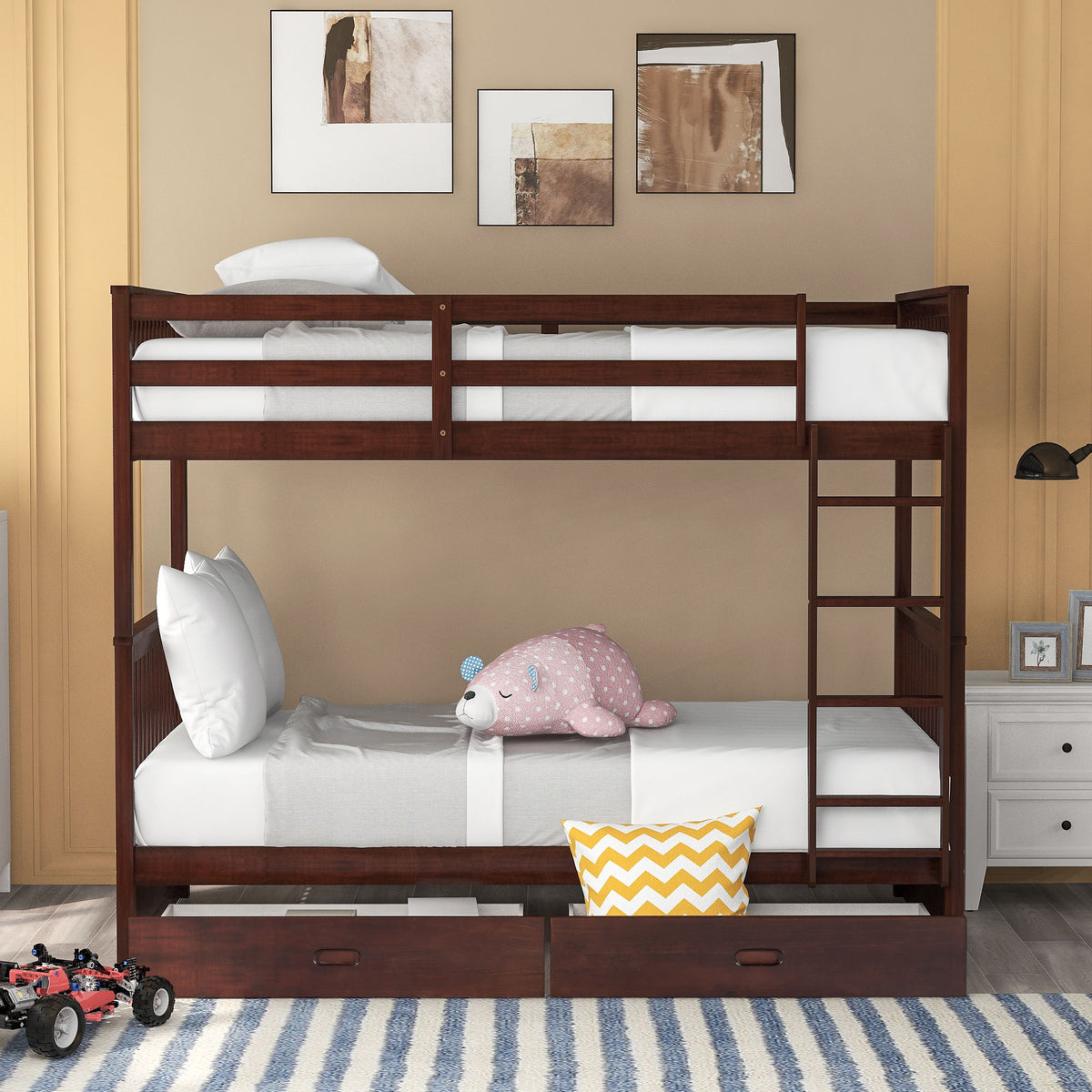 Bunk Bed With Ladders And 2 Storage Drawers