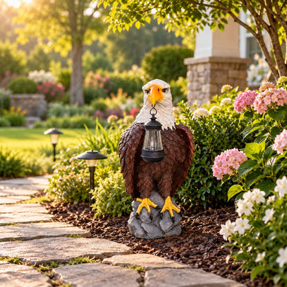 Solar Powered Bald Eagle Statue With Lantern, Outdoor Garden Decor - Black Brown