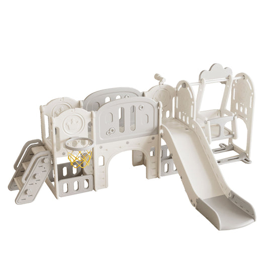 Toddler Slide, 11 In 1 Indoor Outdoor Playground With Basketball Hoop - Gray / Ivory