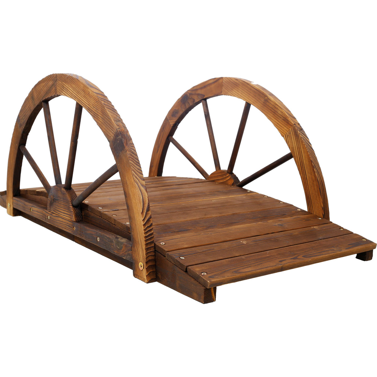 Wooden Garden Bridge Arc Footbridge With Half Wheel Railings Solid Fi - Brown