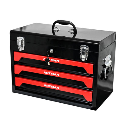 Portable 20" Steel Tool Box With 3 Drawers And Metal Latch Closure - Black / Red
