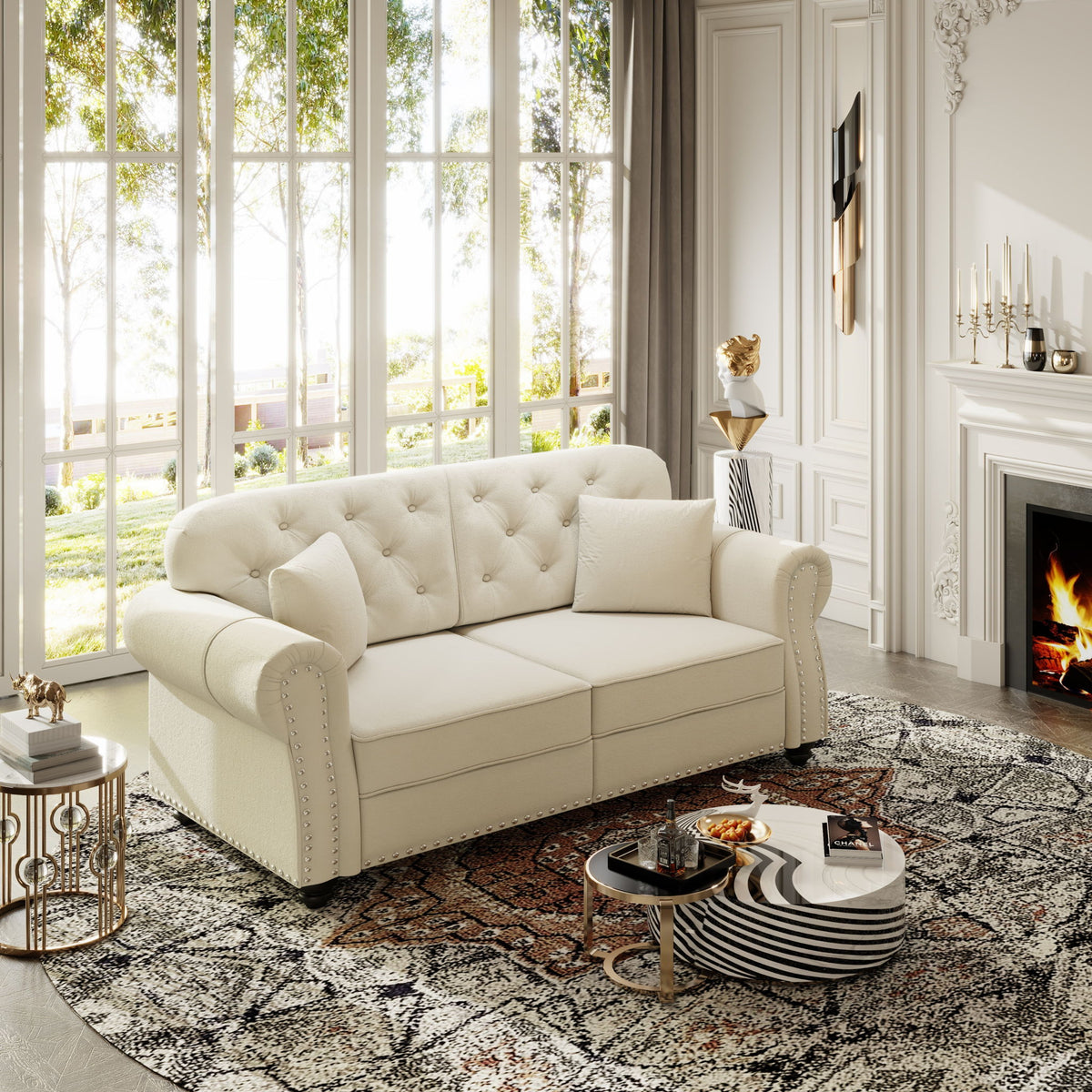 Upholstered Chesterfield Sofa With Nailhead Trim And Rolled Armrests