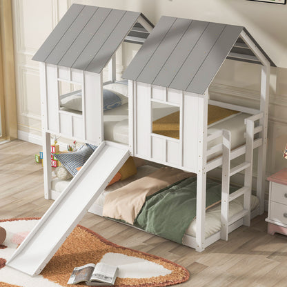 Twin Over Twin House Bunk Bed & Slide And Windows - White