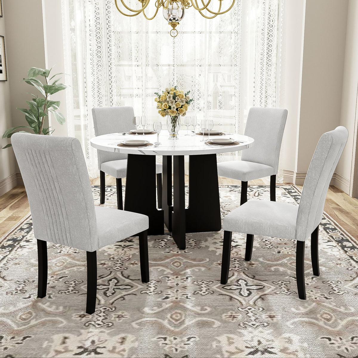 5 Piece Round Dining Table Set, Modern Dining Table And 4 Upholstered Chairs For Dining Room