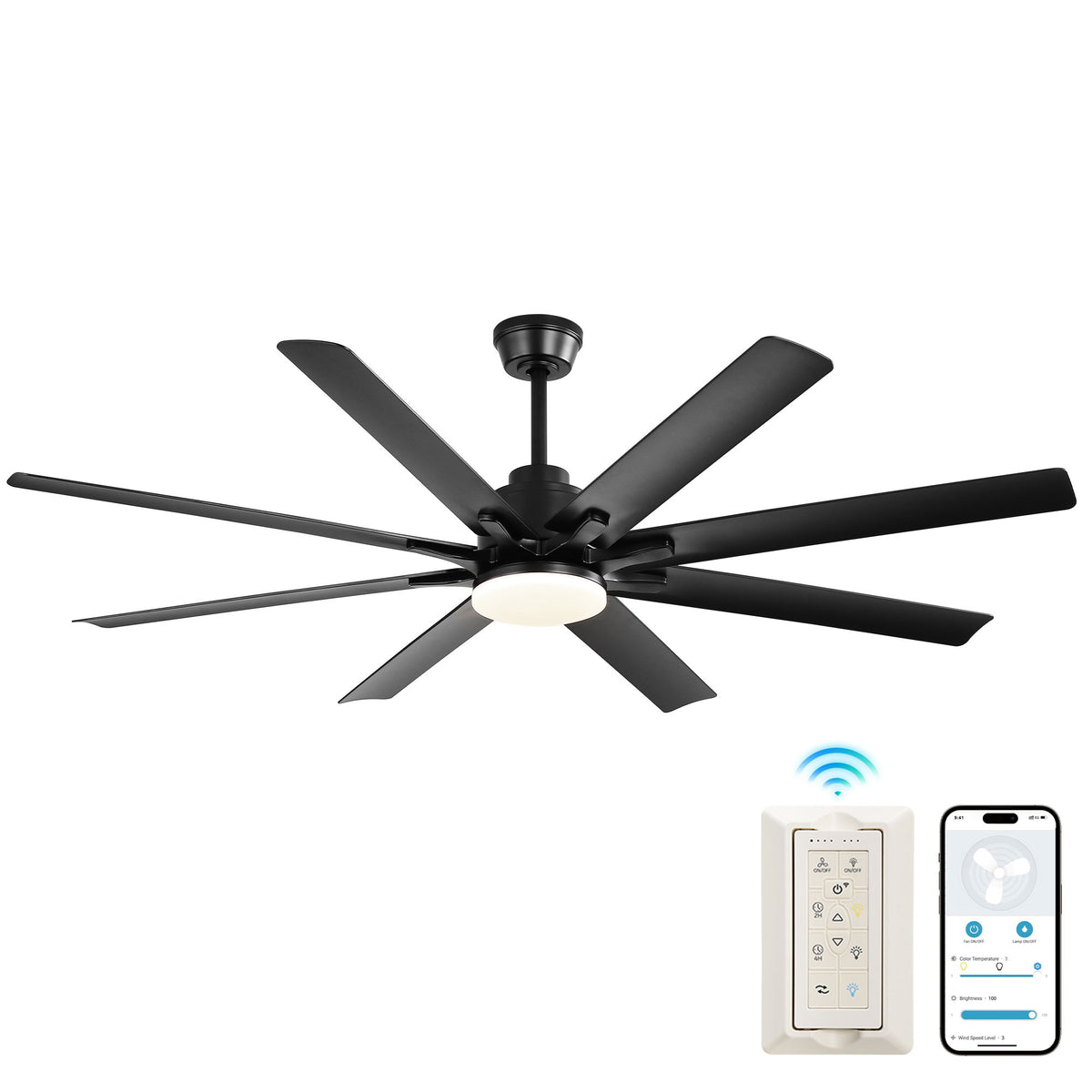 Smart Ceiling Fan With 8 Blades, Voice Remote Control, 6 Wind Speeds, Reversible DC Motor, 3 Color Lighting - Black