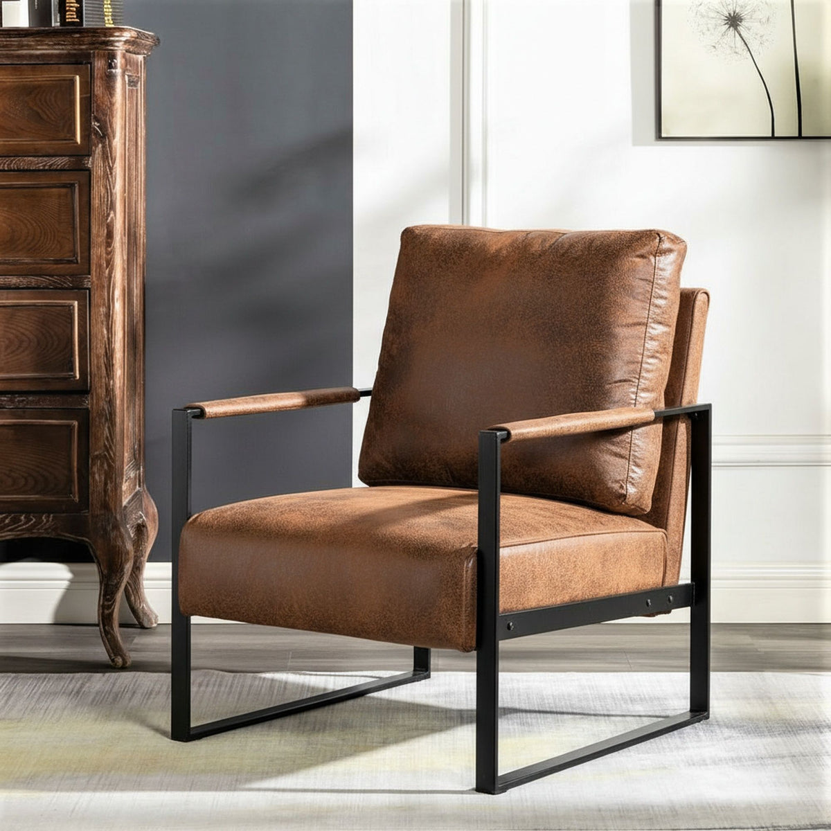 Classic Mid Century Modern Accent Chair With Durable Square Metal Frame, Armchair