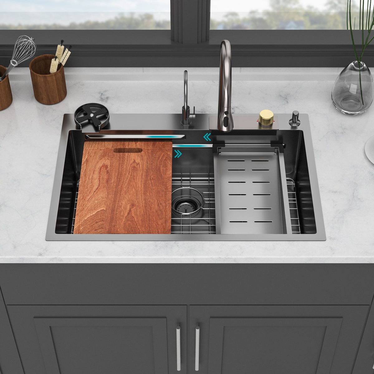 Waterfall Kitchen Sink With Pull Out Faucet & Cup Washer