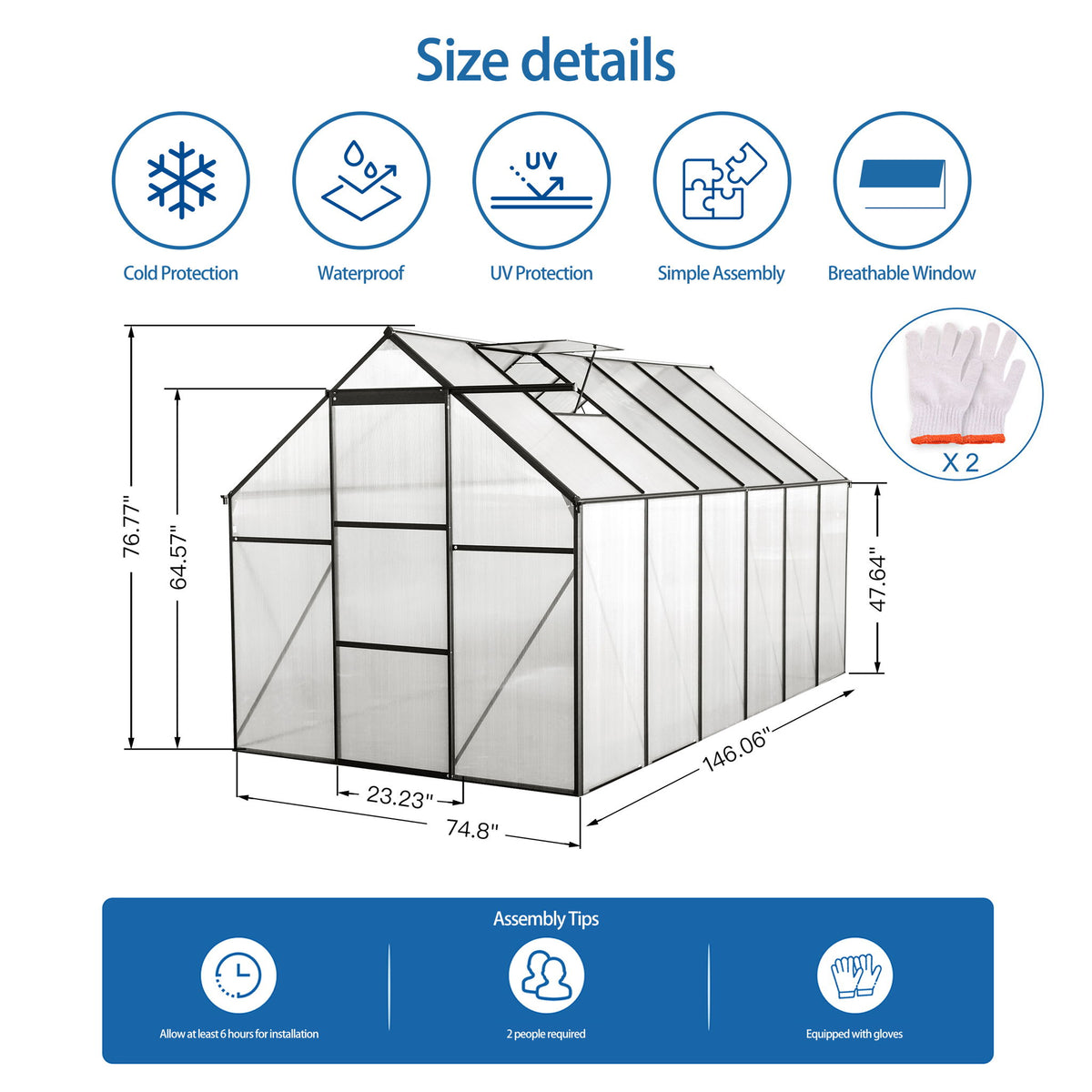 Polycarbonate house Raised Base And Anchor Aluminum Heavy Duty Walk-In houses For Outdoor Backyard In All Season