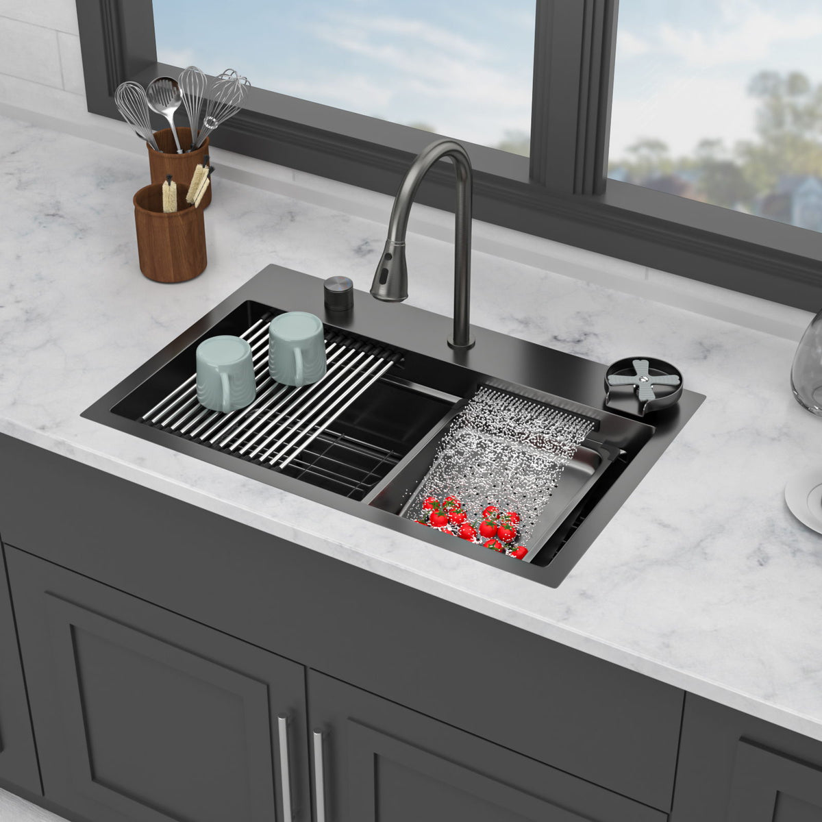 Drop In Waterfall Kitchen Sink With Pull Out Faucet & Cup Washer