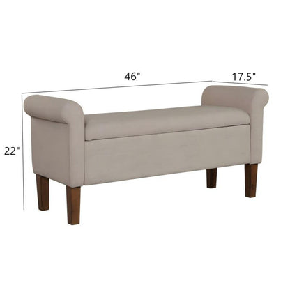 Upholstered Storage Bench With Rolled Armrests - Beige