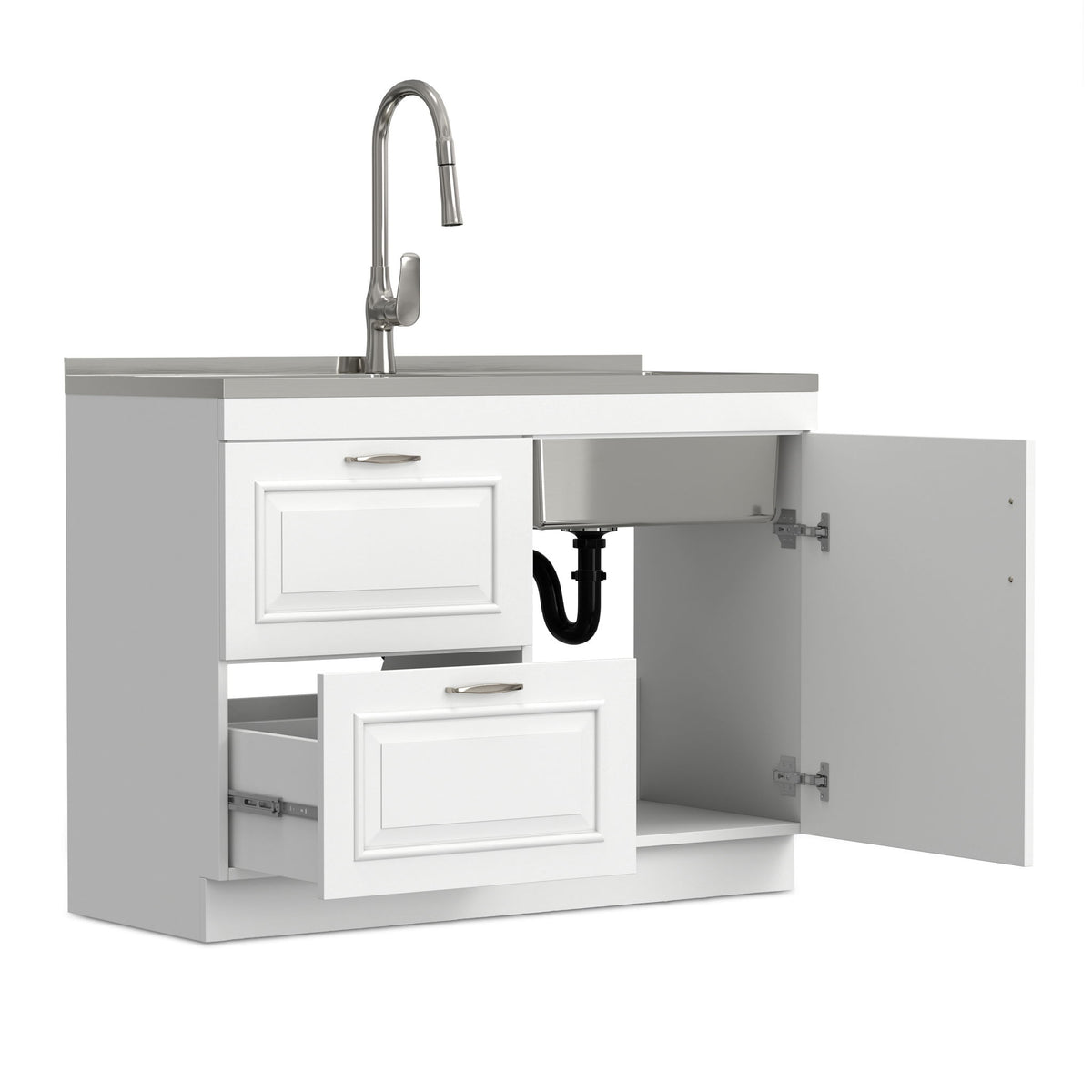 Darwin - Laundry Utility Sink And Cabinet With Dual Sinks, Pull Out Faucet - White