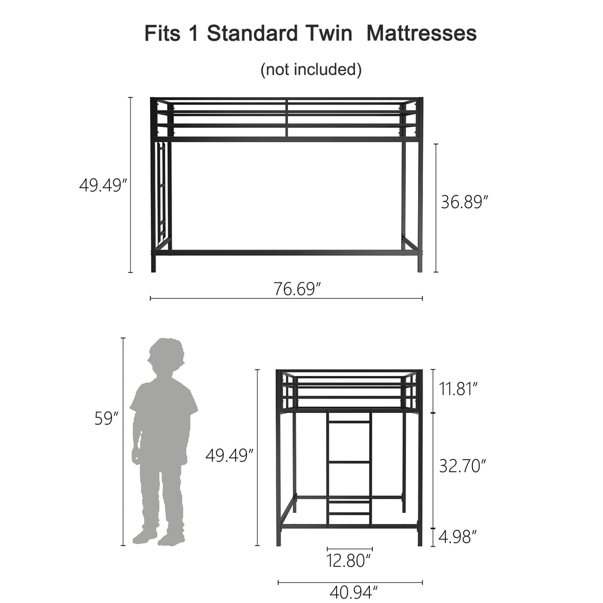 Adam - Twin Loft Bunk - Black