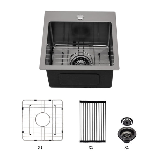Topmount 16G Stainless Steel Kitchen Sink Deep Single Bowl - Gunmetal Black