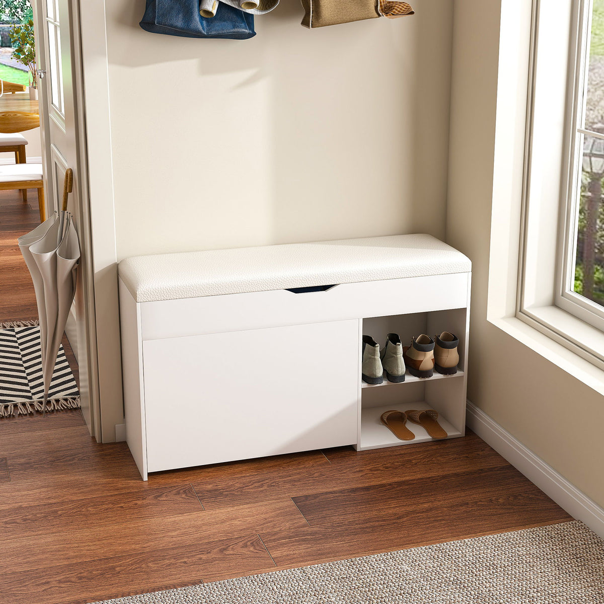Modern Design Entryway Bench With Adjustable 3 Tier Flip-Up Drawers And Hidden Cabinet - White