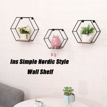 Wall Mounted Hexagonal Floating Shelves - Black (Set of 3) In Different Sizes, Modern Metal Wall Shelf, Simple Wood Partition Storage Shelves, Wall Decor Rack - Natural Wood