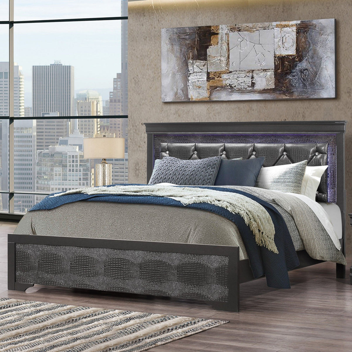 Shaker - Bed With LED Lighting And Crystal Inspired Tufted Headboard