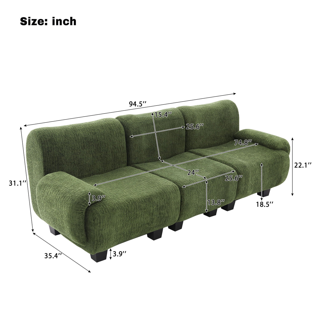 3 Seater Sofa Couch With Curved Armrests