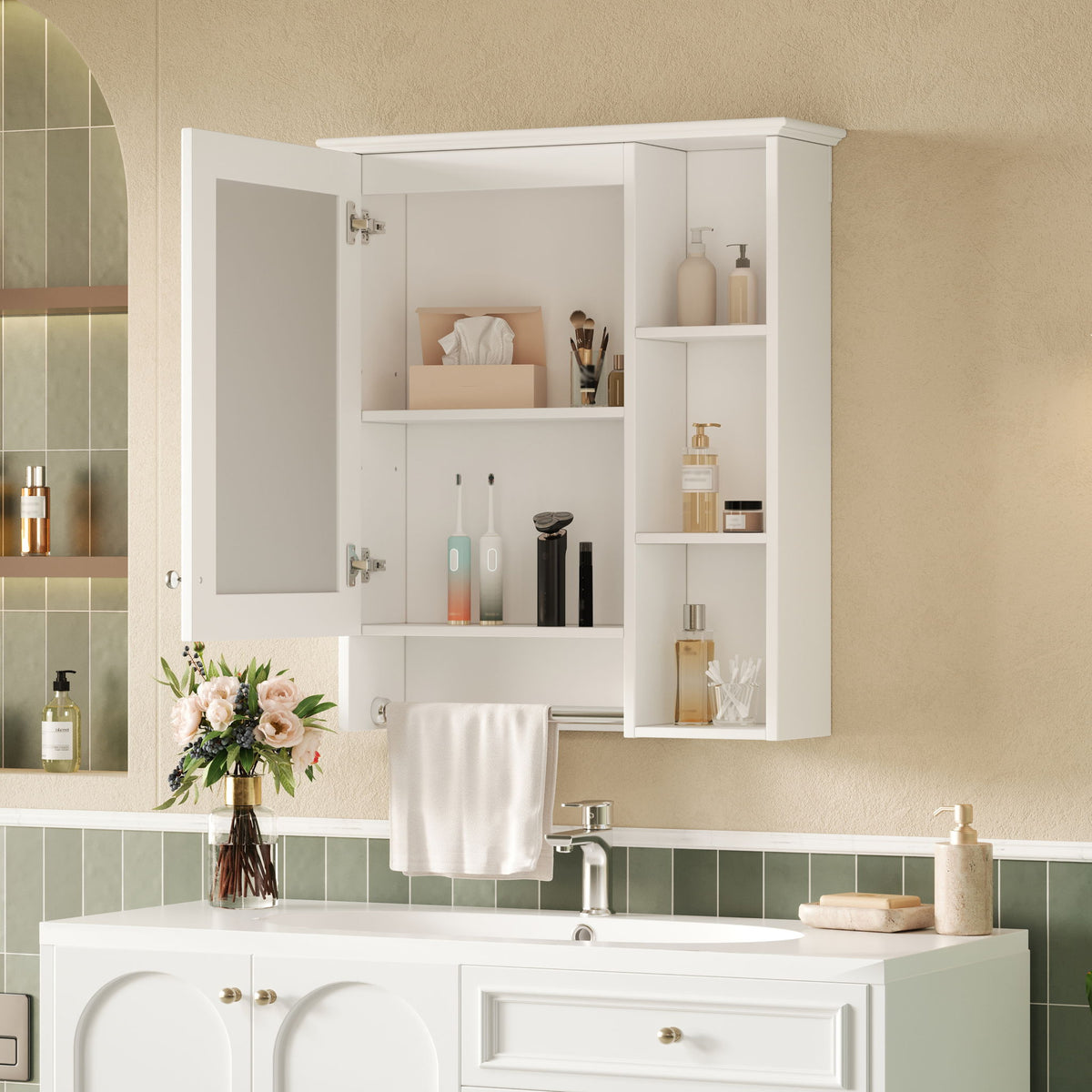 Modern 3 In 1 Bathroom Mirror Cabinet With Adjustable Shelf & Towel Bar