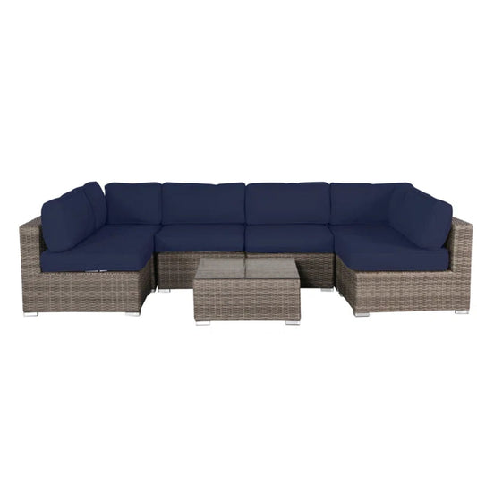 6 Person Outdoor Sofa Set With Premium Cushions, All Weather Wicker - Dark Blue / Gray Mix