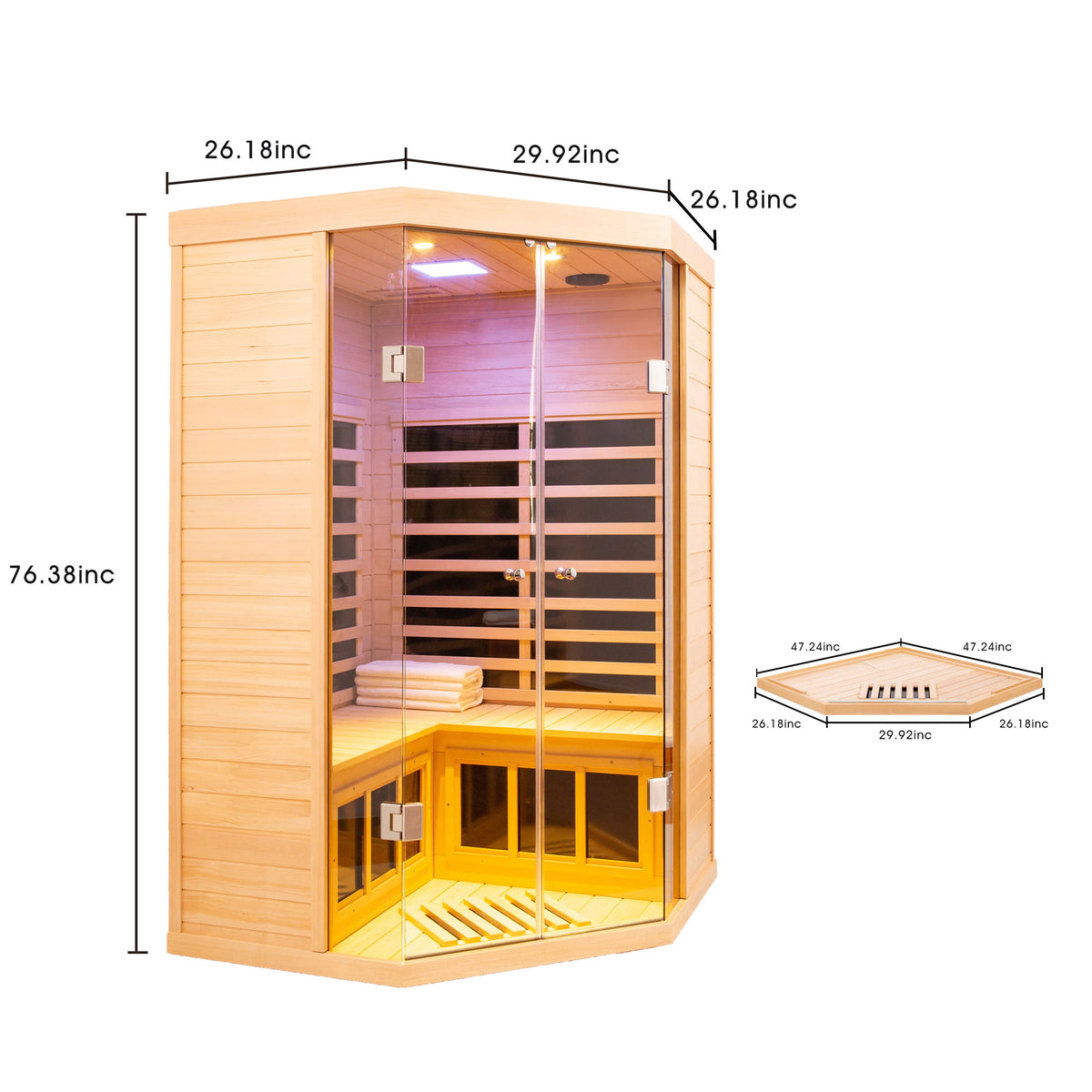 2 Persons Large Glass Front Deluxe Version Hemlock Far Infrared Corner Sauna Room - Natural