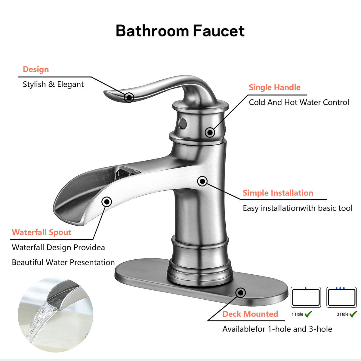 Waterfall Spout Bathroom Faucet With Single Handle And Pop Up Drain - Brushed Nickel