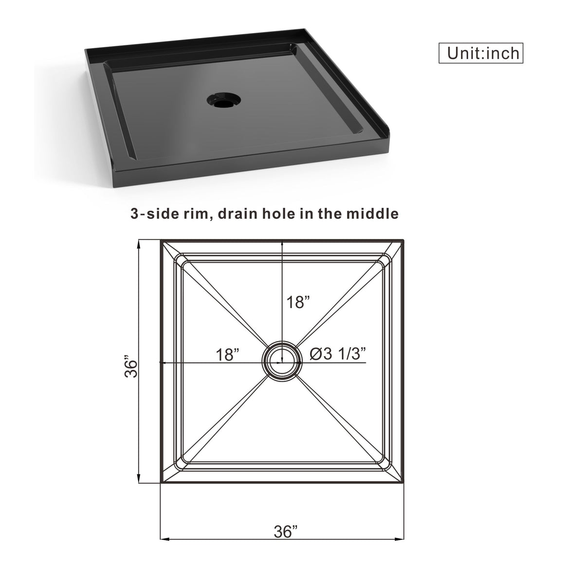 Shower Base, Anti Slip Center Drain Single Threshold - Black