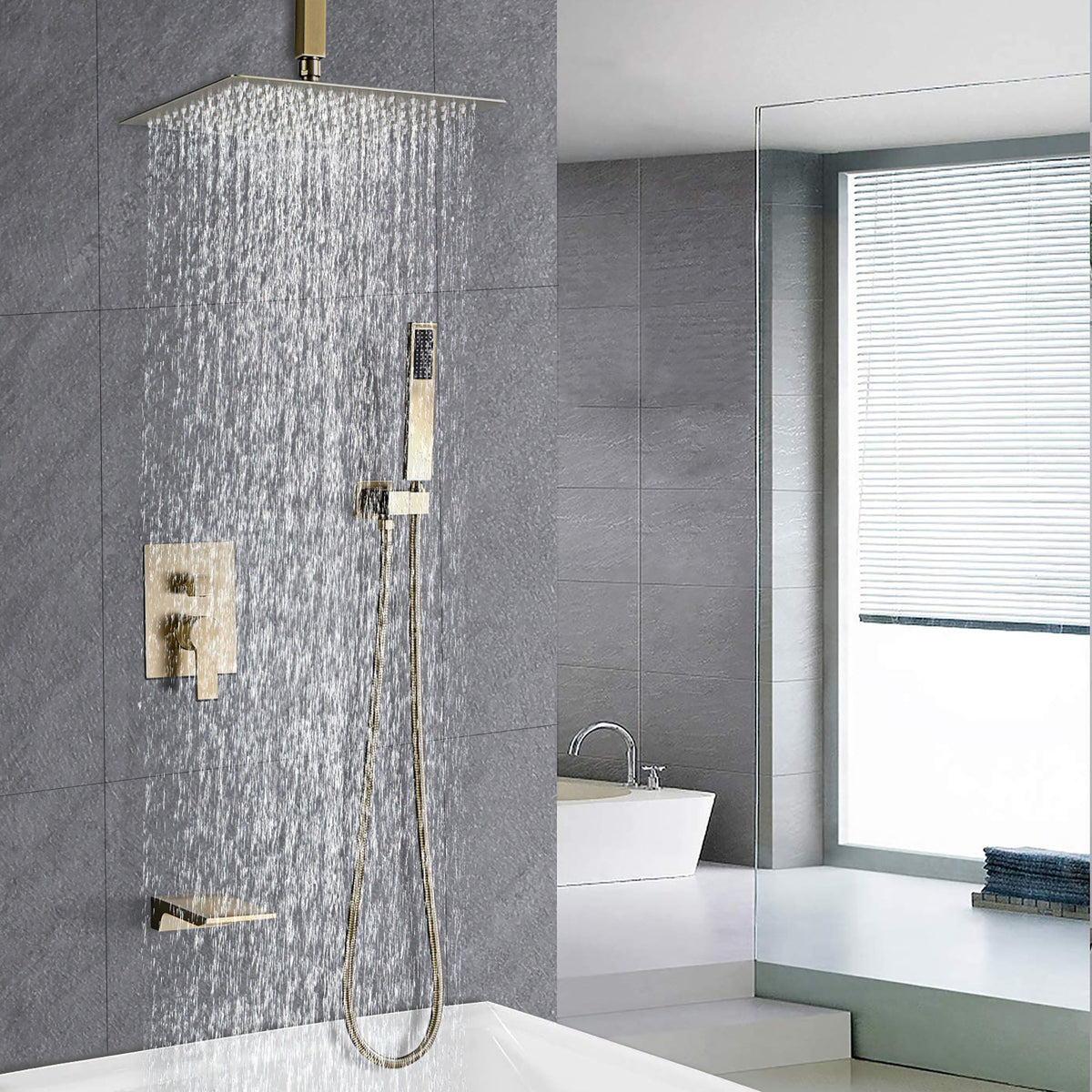 Contemporary Shower System With 12" Rainfall Head And Handheld Spray, Wall Mounted