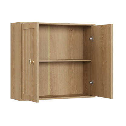 Wall Mounted Bathroom Cabinet With Double Doors And Vertical Grooved Design For Bathrooms - Oak