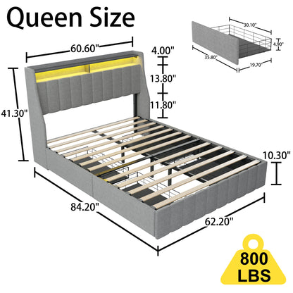 Queen Size Bed Frame With LED Lighting, Winged Headboard With Storage Drawers - Light Gray