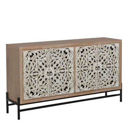 Carved 4 Door Cabinet, Storage Sideboard For Living Room - Multi