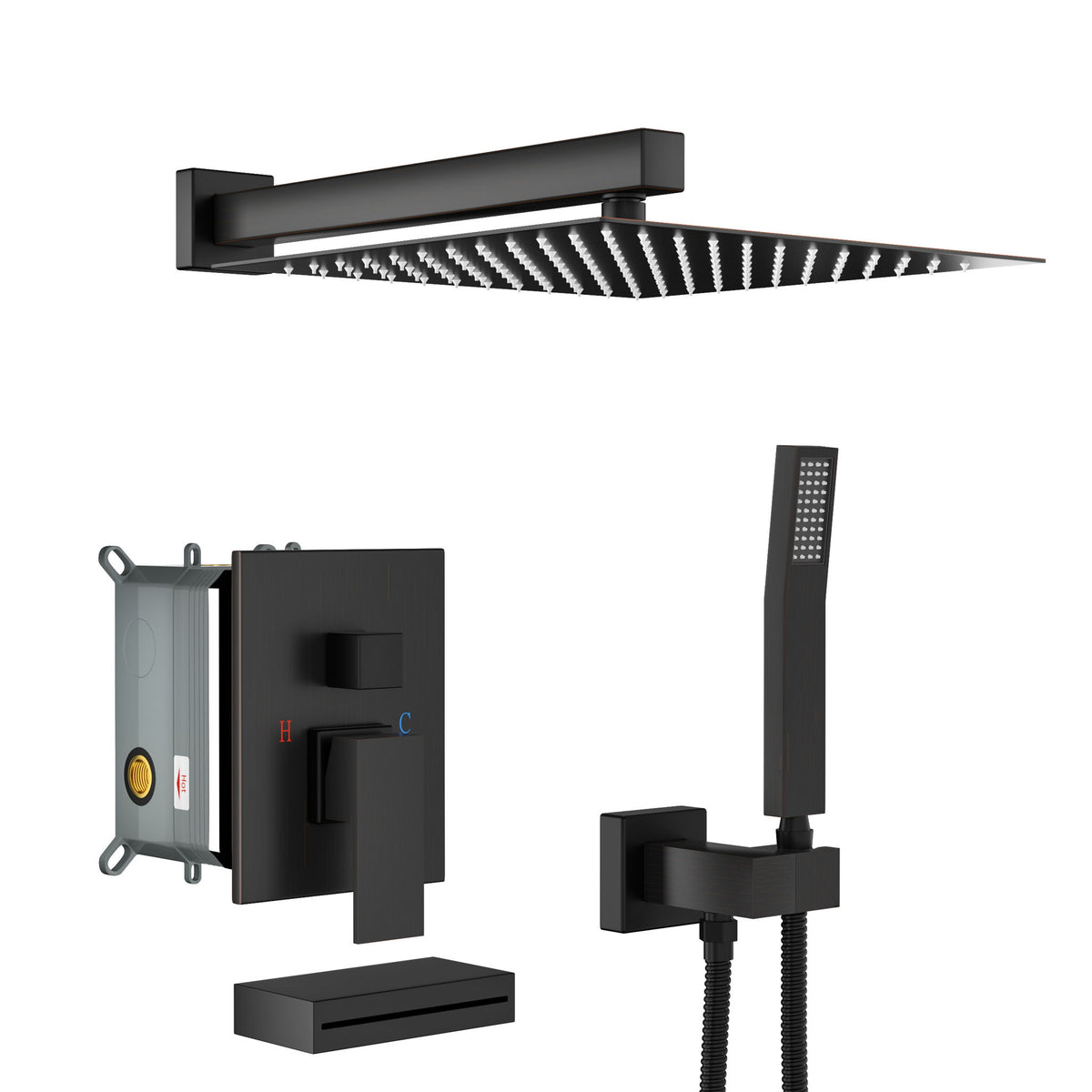Square Shower System With Waterfall Tub Spout And Rough In Valve, Wall Mounted